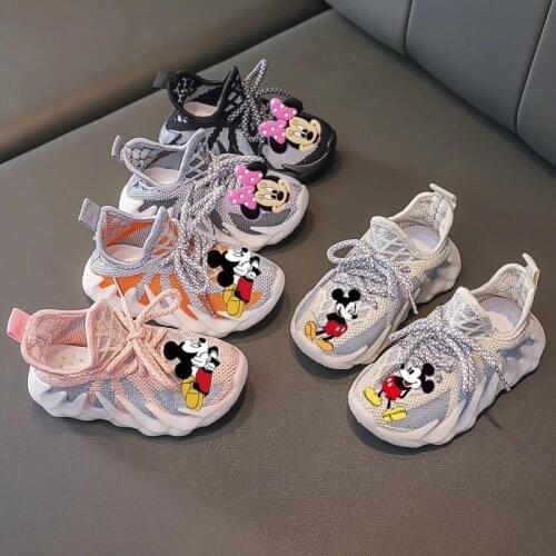 Disney Mickey Minnie Girls Boys Cute Soft-soled Breathable Casual Shoes Non-slip Sports Shoes LED Lights Childrens Flat Shoes