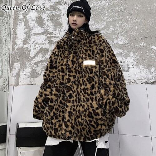 2020 Winter Streetwear Vintage Leopard Oversized Harajuku Coat Casual Loose Zipper Jacket Women Outerwear Wear It On Both Sides
