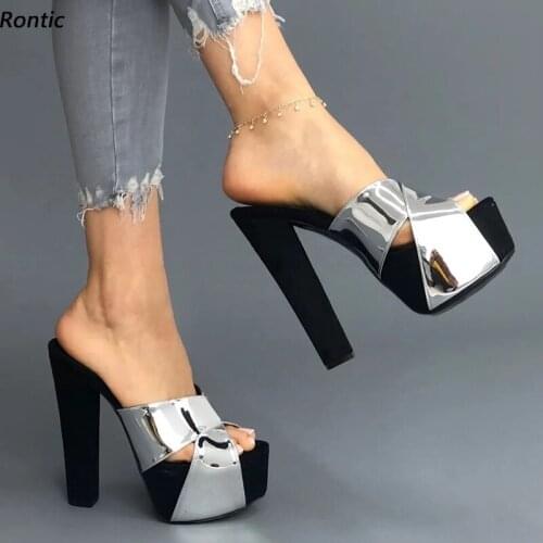 Rontic New Arrival Women Platform Mules Sandals Slippers MEN Chunky Heels Open Toe Gorgeous Silver Gold Party Shoes US Size 5-20