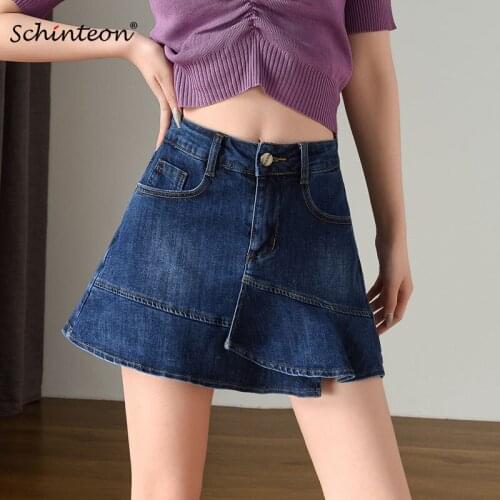 Schinteon Women Denim Shorts Skirt Big Size Summer High Waist A-Lined Irregular Preppy Style Casual Skirt Jeans Size 40
