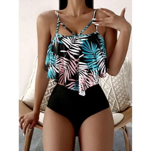 Womens Sexy Two Piece Bikini Suits Fashion Printing Suspender Tops and Solid Color High Waist Thong