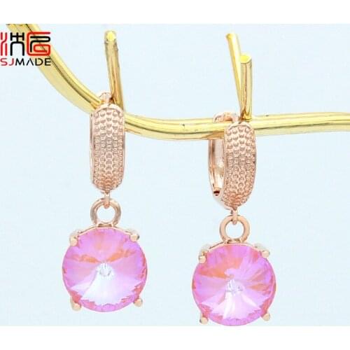 SJMADE Korean Vintage Big Round Crystal Dangle Earrings For Women Girl Wedding Engagement Jewelry Fashion 585 Rose Gold Eardrop