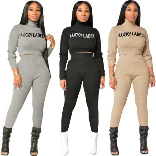 Turtleneck Set Womens LUCKY LABEL Embroidery Pit Strip High Collar High Waist Two-Piece Set Club Outfits for Women