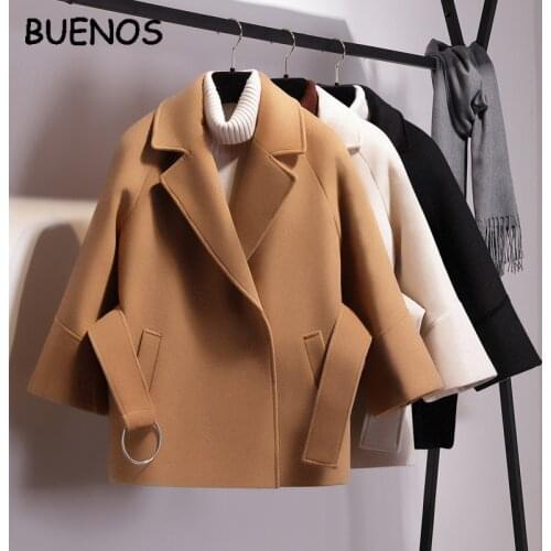 BUENOS New petite short wool coat female autumn winter woolen coat 2019 ladies short cloak waisted overcoat plus size
