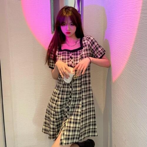 Ladies Summer Vintage Preppy Style Plaid Woman Dress Square Collar Puff Sleeve Sweet A-line Short Dresses Fashion Female New