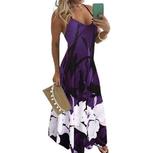 Women Slim Dress Holiday Beach Dress Sling Print Robes Halter Sexy Casual Long Dress Tight Waist U Neck Sling Dress Beachwear
