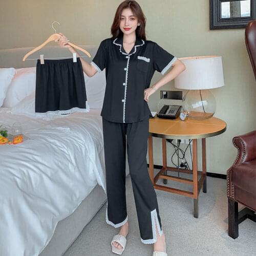 3PCS Pajama Sets Women Short Sleeve Solid Cotton Loose Breathable Soft Oversized Womens Korean Style Home Clothing Comfortable
