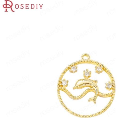 4PCS 19x17MM 24K Gold Color Brass and Zircon Dolphin Whale tail Charms Pendants Jewelry Making Supplies Diy Findings Accessories