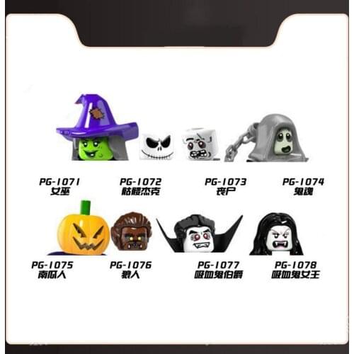 8Pcs Set Halloween Series Mini Figures Pumpkin Man Vampire Queen Werewolf Bricks Building Blocks Diy Assembled Educational Toys