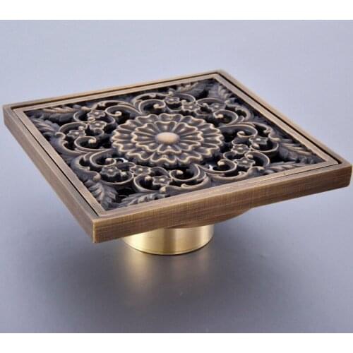 Antique Brass Floor Drains 10cm Shower Floor Drain Bathroom Deodorant Square Waste Drain Strainer Cover Grate Khr061