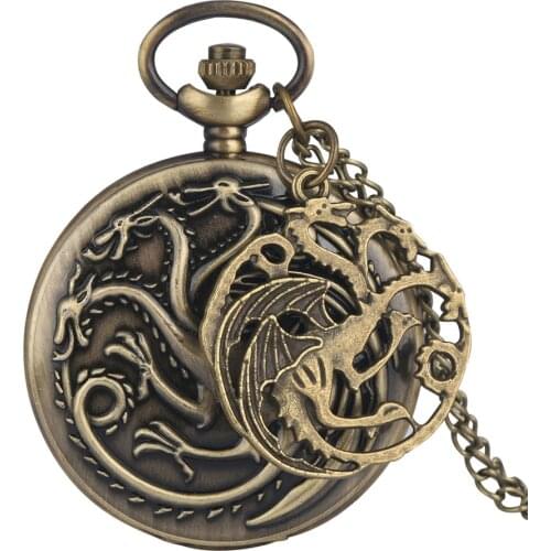 Bronze Dragon Pendant Quartz Pocket Watch Retro Necklace Pocket Watch with Sweater Chain
