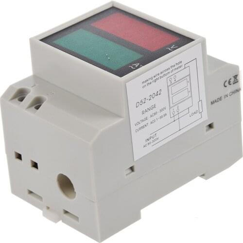 HOT-Din-Rail AC 110V/220V Digital Voltmeter Ammeter Red Volt Green Amp Meter LED Display