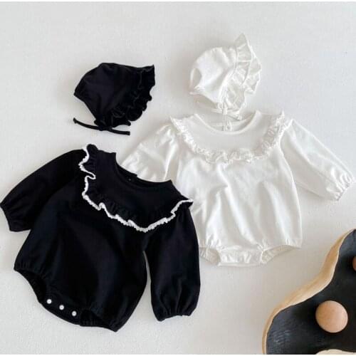 Baby Girls Bodysuit Spring Autumn Toddler Baby Girls Long Sleeve Lotus Leaf Collar Lace Jumpsuit With Hat Infant Cotton Clothing