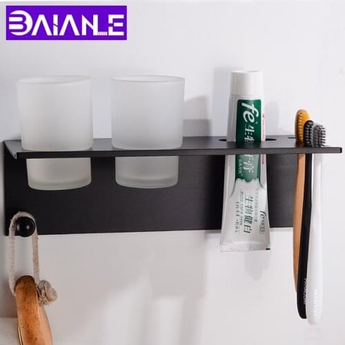 Black Toothbrush Holder Couple Space Aluminum Bathroom Accessories Toothbrush Holder Set Wall Mounted Cup Creative Storage Rack