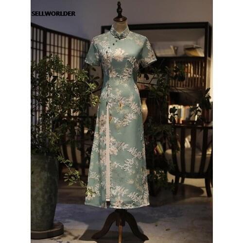 Elegant Woman Chinese style Embroidery improved daily Cheongsam flower blossom Print Dress