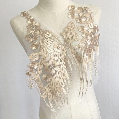 1 Pair Gold Wings Lace Applique Patch Motif Wedding Dress Applique DIY Bridal Headdress Lace Neckline Collar