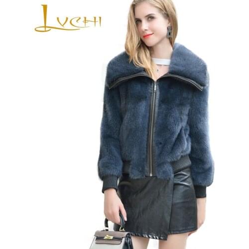 LVCHI Winter Long Sleeve Zippers Turn-Down Collar Cross Mink Coat Real Fur Import Soft Natural Fur Womens Short Mink Coats
