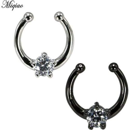 Miqiao 1pc Zircon Nasal Diaphragm Ring False Nose Ring Without Piercing Jewelry for Men Women Gun Black Steel Septum Ring