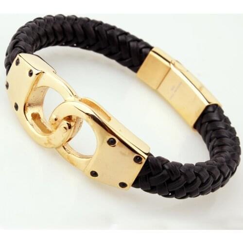 Fashion Black Weaving Leather Gold Handcuff Men Bracelet 316L Stainless Steel Magnetic Clasp Men Hip Hop Steel Bracelet
