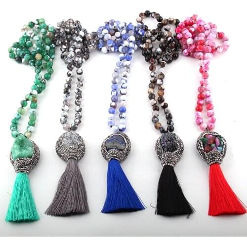 Fashion Bohemian Jewelry Long Knotted Stone Natural Druzy & Tassel Pendant Necklace For Women Ethnic Necklace