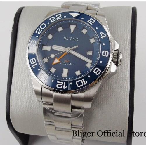 BLIGER Brand New GMT 43mm Men Watch Automatic Movement Rotating Bezel Sapphire Glass Brushed Band