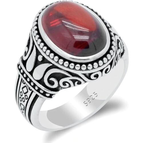 925 Sterling Silver Natural Garnet Ring for Men with Red Stone Finger Ring Vintage Carved Design Jewelry for Male Women Gift