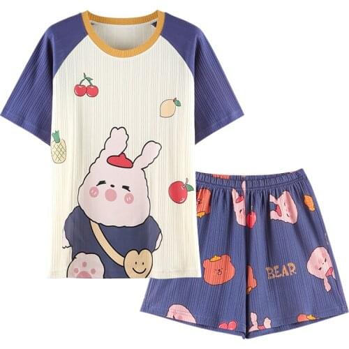 Soft Girls Sleepwear Summer Pajamas Sets Kawaii Korean Style Cartoon Bunny Nightwear Women Short Sleeve Patchwork Cotton Pajamas