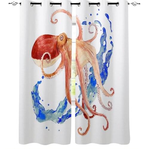 Octopus Sea Water Watercolor Window Curtain Kids Home Decor Accessories Living Room Bedroom Kitchen Children Curtain