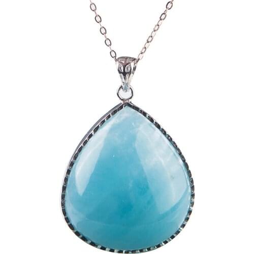 Genuine Natural Ocean Blue Transparent Gems Stone Water Drop Crystal Bead Stering Sliver Charm Pendant 40x32x10mm