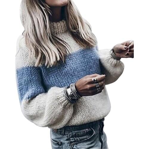 Casual Women Autumn Winter O Neck Color Block Patchwork Loose Knitted Sweater
