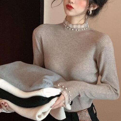 HI-FASHION Womens Turtleneck Warm Pullover 2021 Trends Autumn Winter Beaded Lace Stitching Tops Slim kawaii woman Sweater
