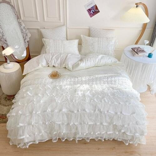 Luxury Satin Jacquard White Pink Princess Bedding Set Multi-layer Lace Duvet Cover bedskirt pillowcases Twin Queen King 3/4/6pcs