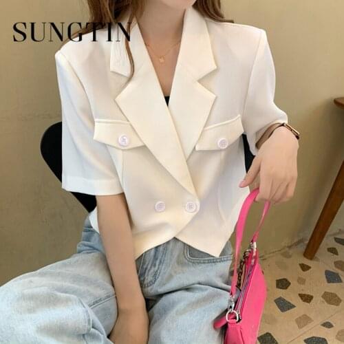 Sungtin Cropped White Blazer for Women Loose Casual Elegant Blazer Jacket Female 2021 Summer Korean Chic Short Sleeve Suit Coats
