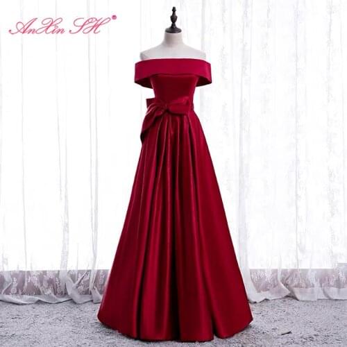 AnXin SH princess wine red satin evening dress vintage party boat neck big bow lace up bride a line evening dress