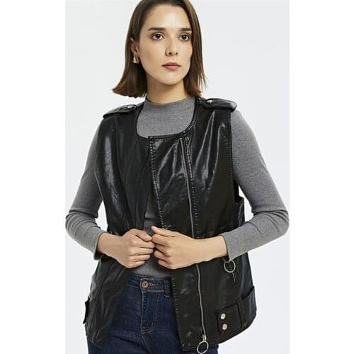 New Women Leather Vest Korean version of the locomotive washed PU leather round neck Vest ring zipper long Female Vest Jacket