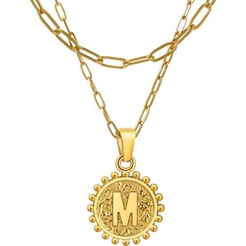 18K Gold Plated Stainless Steel Letter A-Z Initial Round Pendant Necklace For Women Double Layer Chain Choker Jewelry