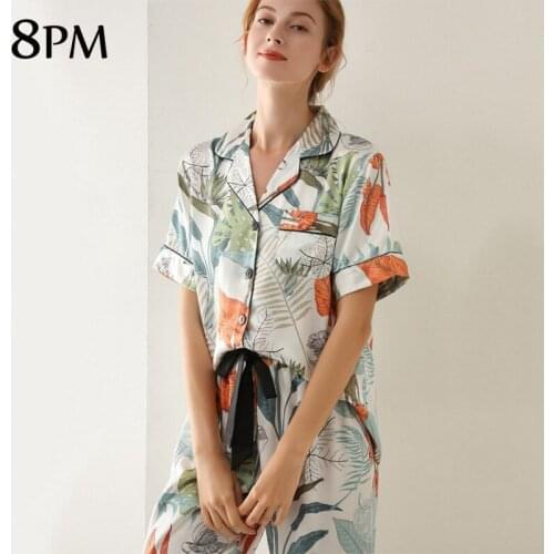 2021 Spring Female Printed Pyjamas Nightwear Women Faux Silk Satin Pajamas Set Long Pants Sleepwear Pajamas Suit Homewear ouc721