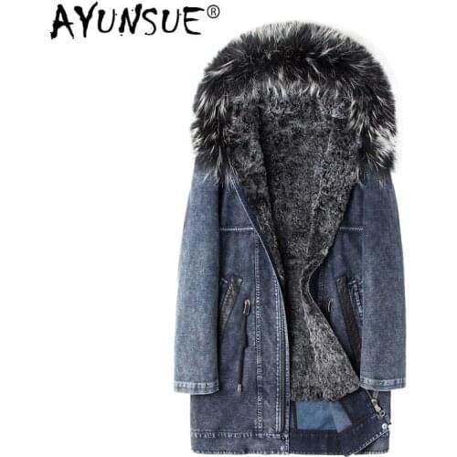 AYUNSUE Winter Jacket Men Parka Real Rex Rabbit Fur Coat Fox Fur Collar Long Denim Jackets New Blouson Homme Hiver 85859 KJ1555