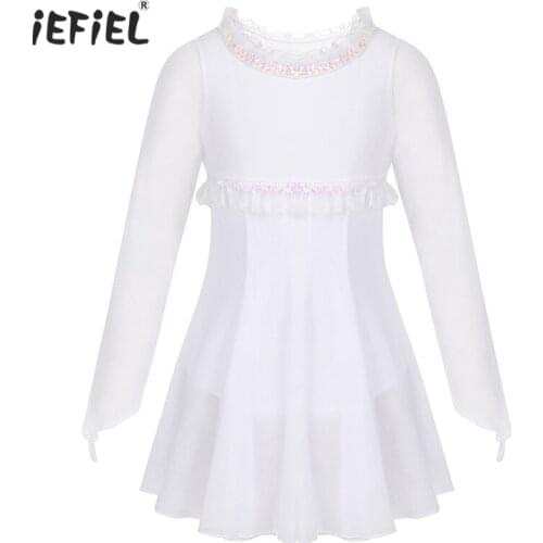Kids Girls Long Sleeves Sequins Ballet Dress Stage Performance Ruffles Figure Ice Skating Roller Skating Leotard Dance Costume