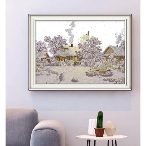 HUACAN Cross Stitch Embroidery Winter Scenery Needlework Sets For Full Kits White Canvas DIY Home Decor Village 14CT
