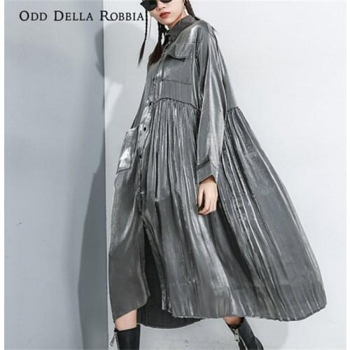 OddDellaRobbia Autum Fashion Loose Large Size Long-Sleeved Cardigan Personality Streetwear Solid Color Shiny Shirt Skirt 6892