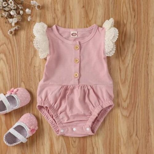 Newborn Baby Girls Sleeveless Rompers Infant Lace Flying Sleeve Jumpsuits Button Folding Decoration Children Cotton Clothing
