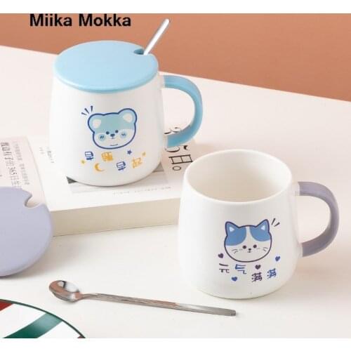 Cartoon Coffee Mug with Lid and Spoon Ceramic Mug Coffee Cup Cute Cat Bear Bunny Cup Milk Tea Cup Breakfast Cup Drinkware