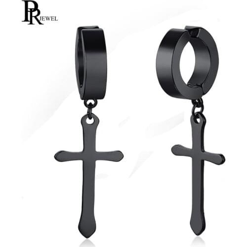 Mens Hip Hop Black Cross Crucifix Religious Christian Dangle Drop Earrings