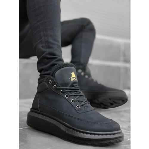 BA0151 Inside Furry Laced Style Black Sports Boots