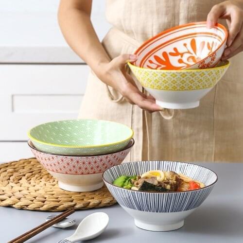 8 Pcs / Combo 7 Inch Ceramic Noodle Hat Bowl Set Spoon Chopsticks And Rest Porcelain Soup Rice Tableware Underglaze CZY1007-8S