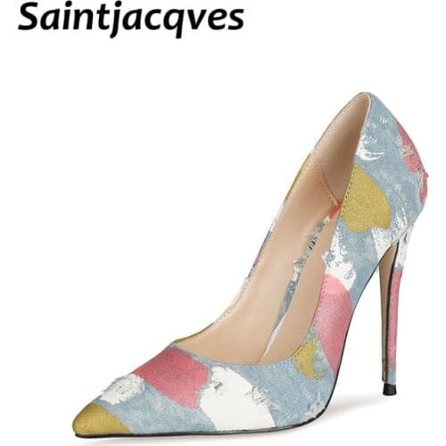 New Denim Fashion High-heeled Stiletto Single Shoes Pointed Toe Shallow Mouth Sexy Single Ladies Dress Shoes Heels Size 11