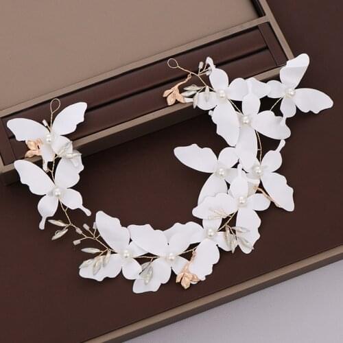 White Butterfly Pearl Headband Hairbands Women Wedding Hair Accessories Handmade Rhinestone Tiara Headdress Bridal Hair Jewelry