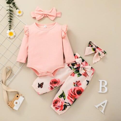 Baby Girls Fall Floral Outfits Infants Newborn Girls Long Sleeve Solid Color Ruffle Bodysuit+Floral Pants+2PCS Headbands Set