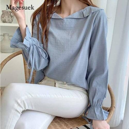 2020 Autumn Bow Cuffs Long Flare Sleeve Solid Blue Blouse Women Turn-down Collar Pullover Side Split Shirt Blusas Mujer 11247